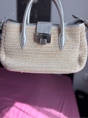 Jimmy Choo Cream Raffia Satchel with Silver Metallic Handles